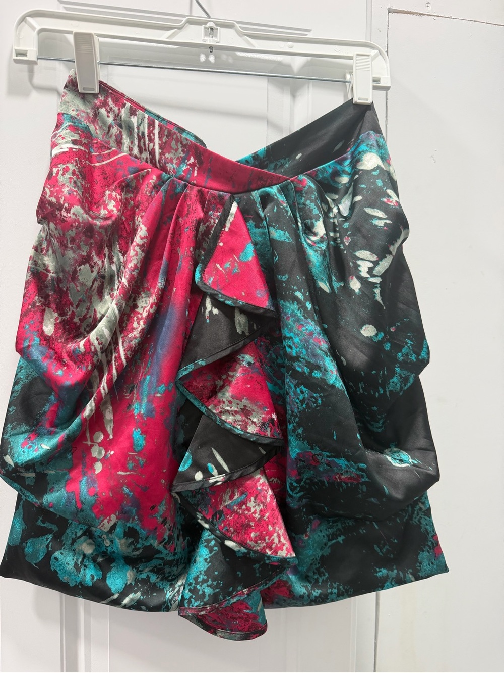 Rampage Abstract Ruffle Mini Skirt - Pink & Teal on Black